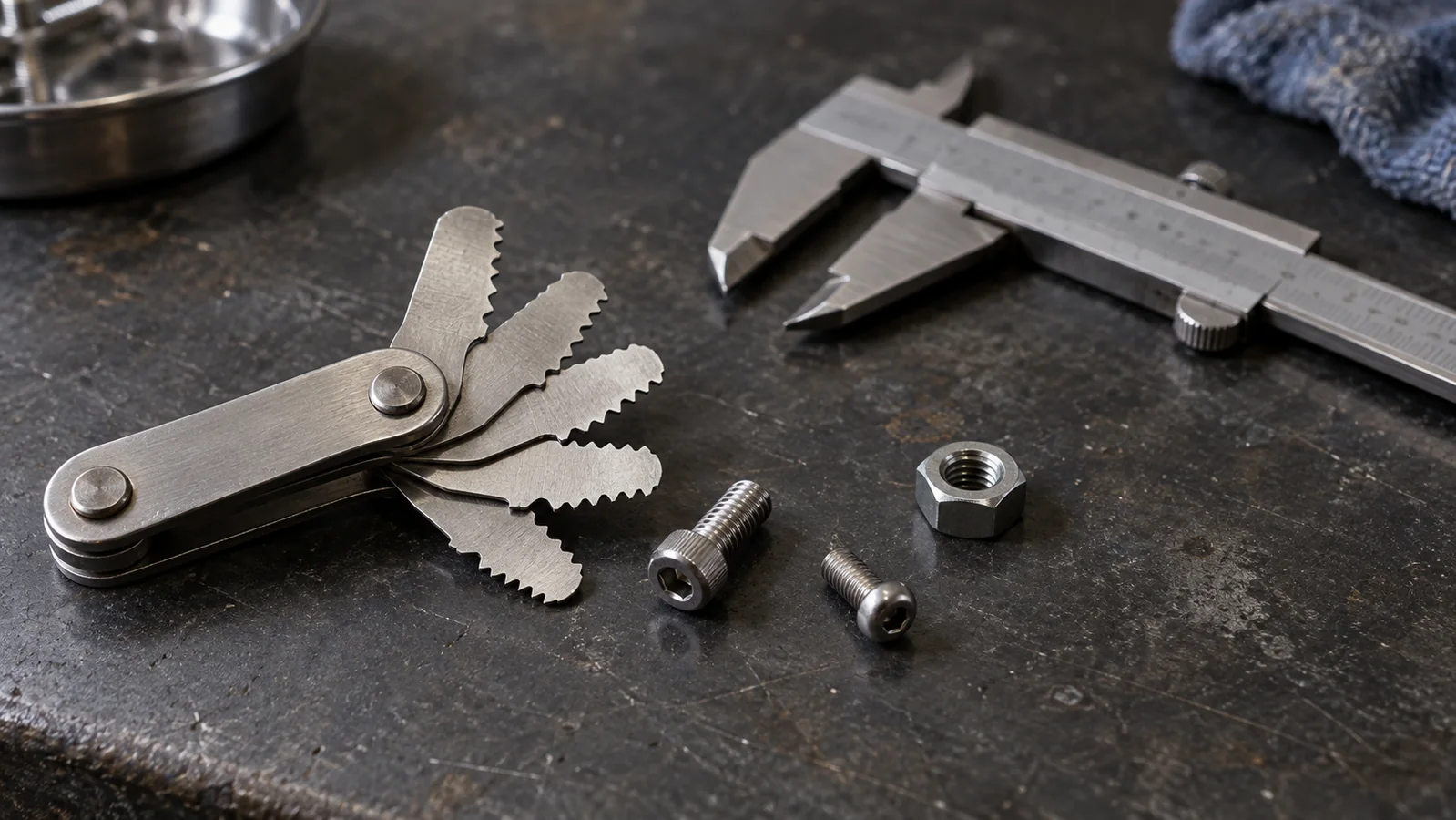 Conceptual workshop still life of small screws, a folding thread pitch gauge and a separate caliper
