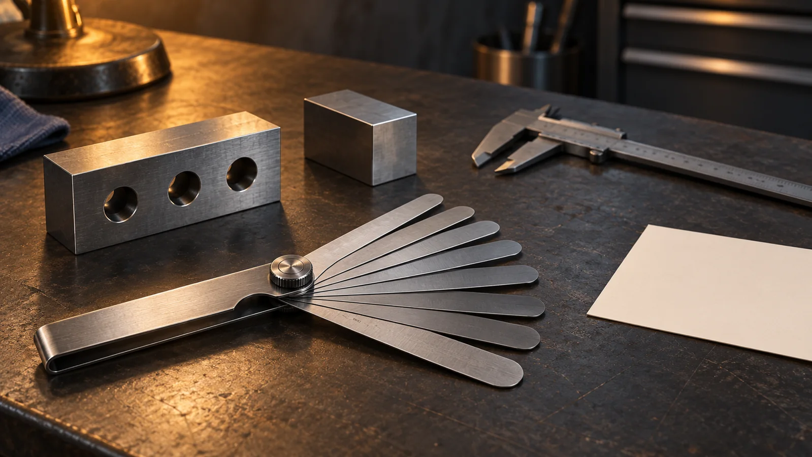 Conceptual workshop arrangement of folding feeler gauge leaves, separate metal blocks and a caliper