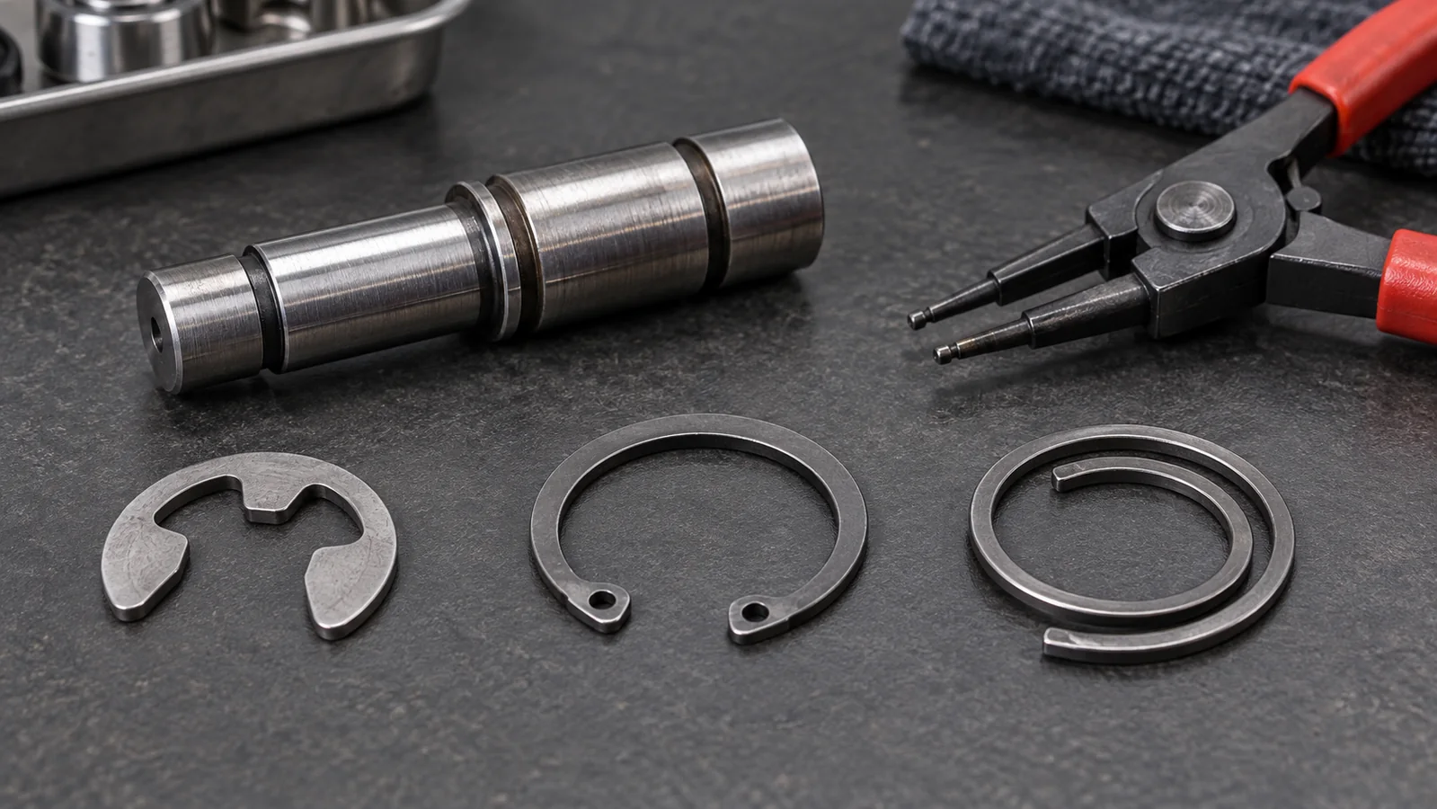 Conceptual arrangement of separate E clip, external circlip, spiral ring, grooved shaft and circlip pliers
