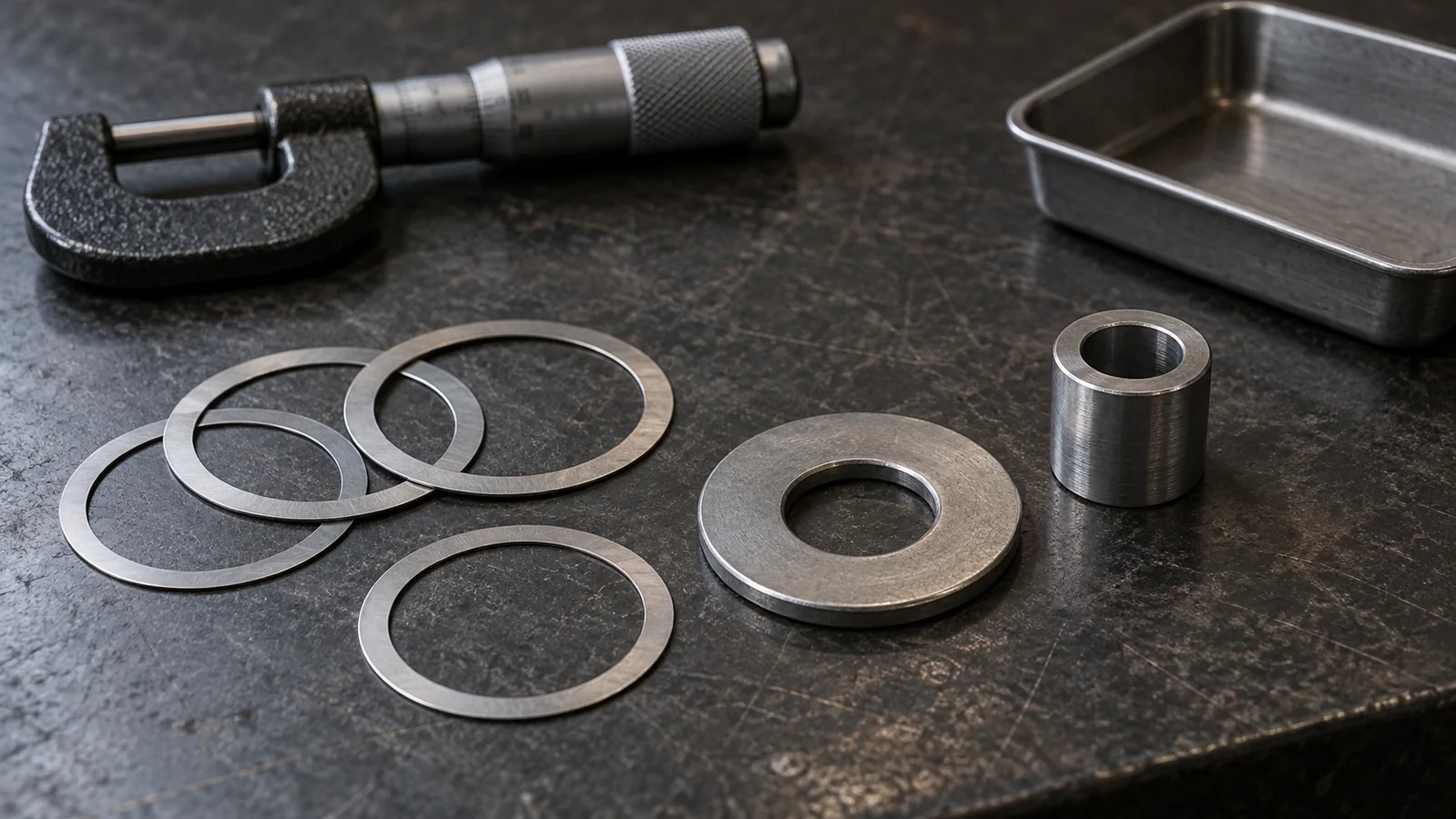 Conceptual arrangement of thin ring shims, a plain washer, a tubular spacer and an idle micrometer