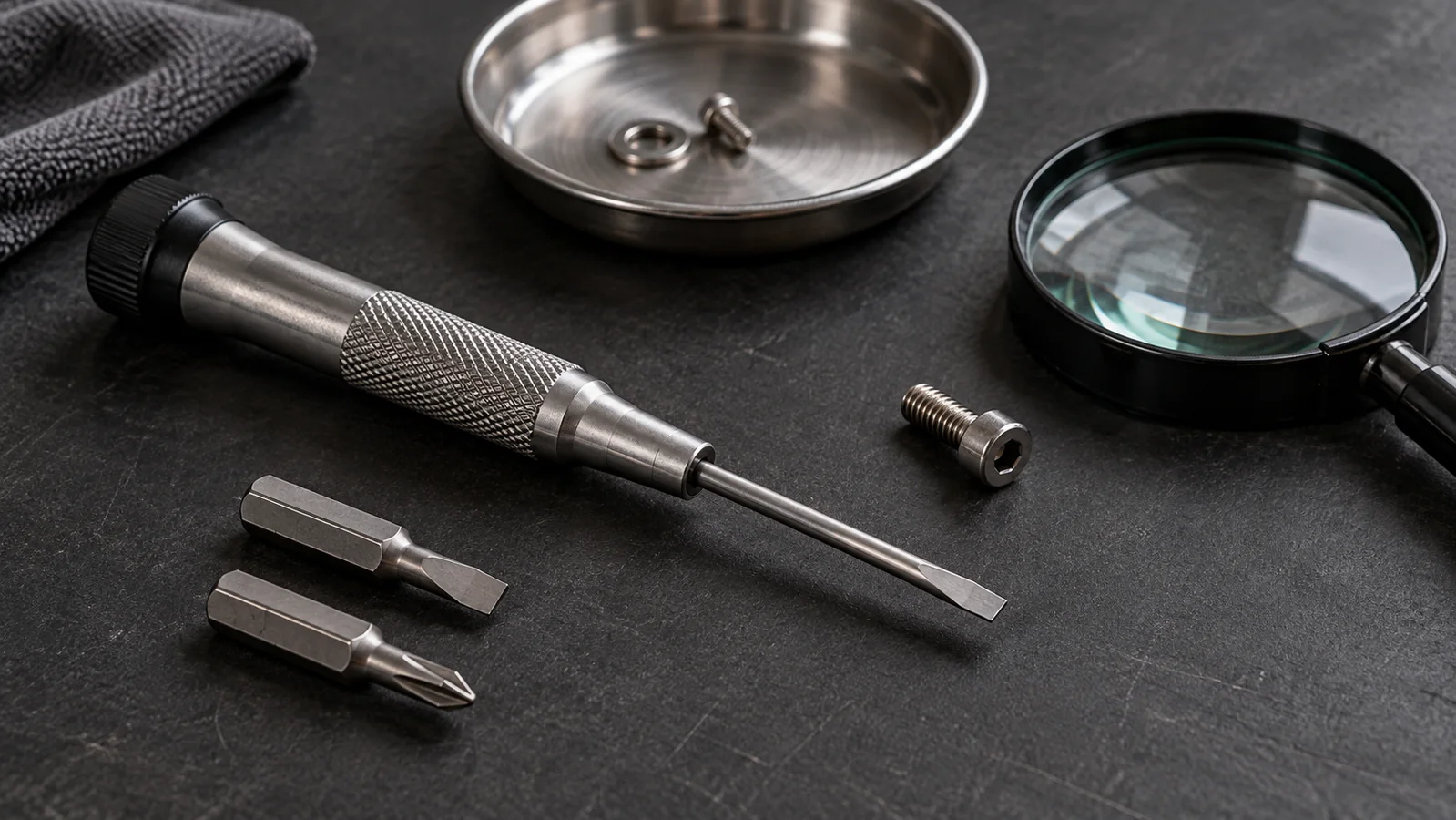 Conceptual workbench with an idle precision screwdriver, loose driver bits, a socket screw and magnifying glass