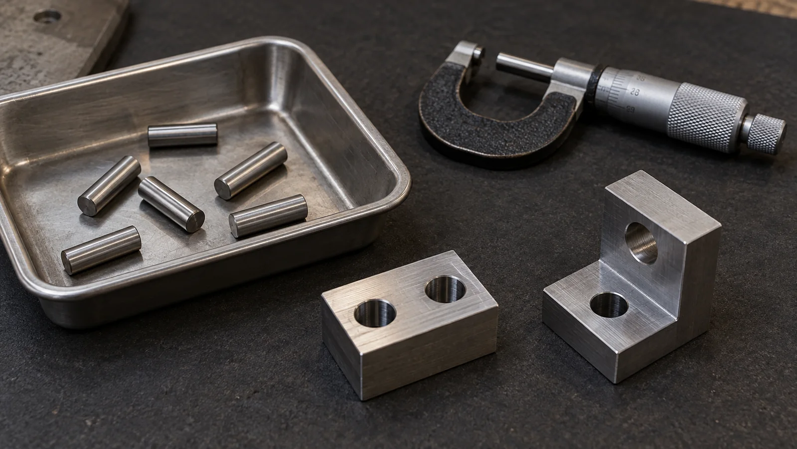 Conceptual workbench with loose cylindrical locating pins, separate sample blocks and an idle micrometer