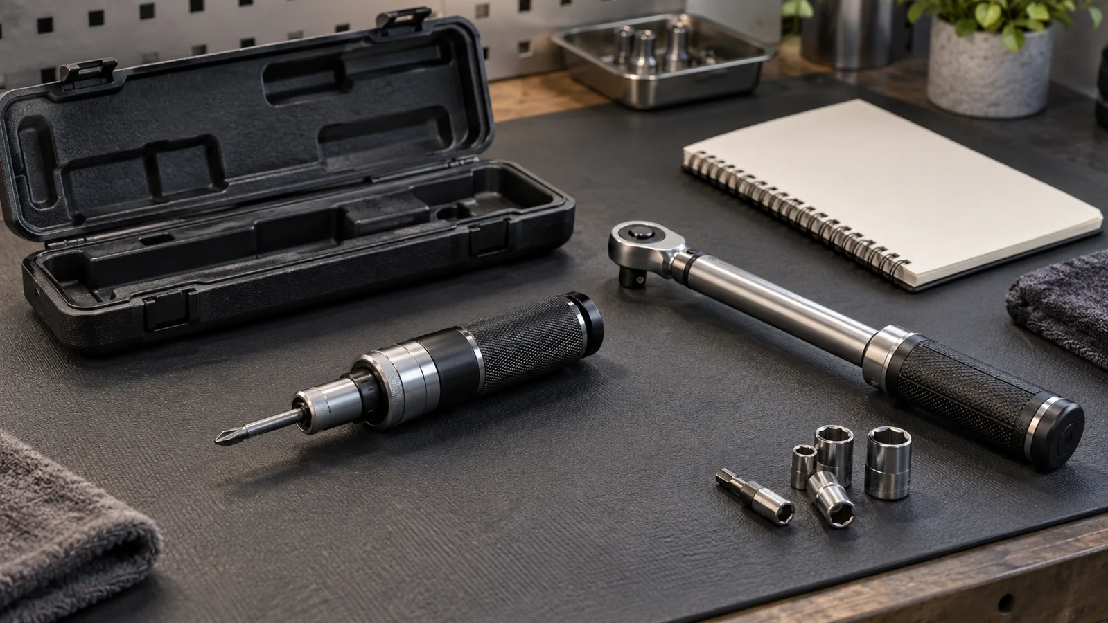 Conceptual workbench with an idle torque screwdriver, torque wrench, plain case and blank notebook