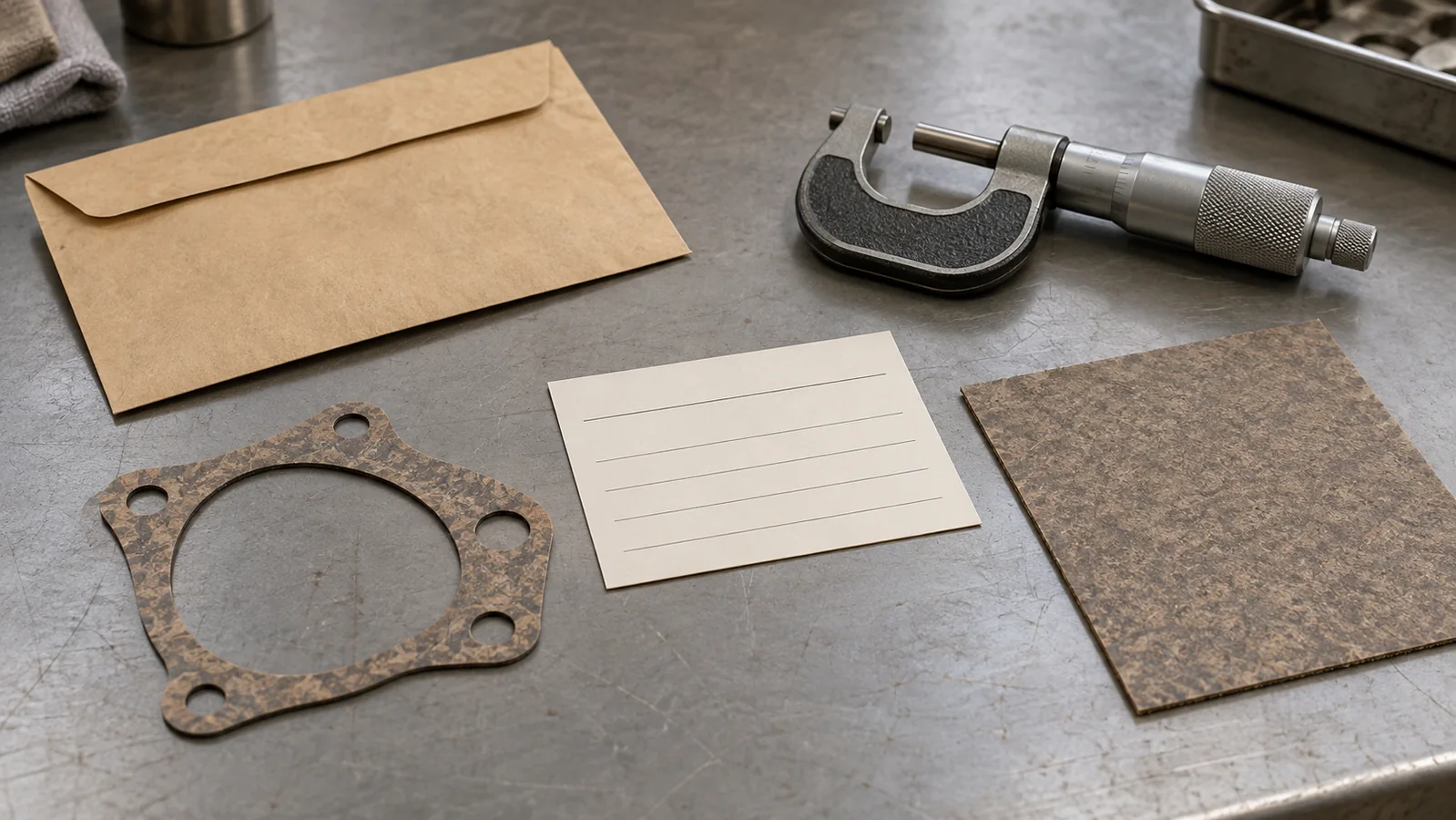 Conceptual workbench with a loose flat gasket, sheet offcut, idle micrometer and blank parts card