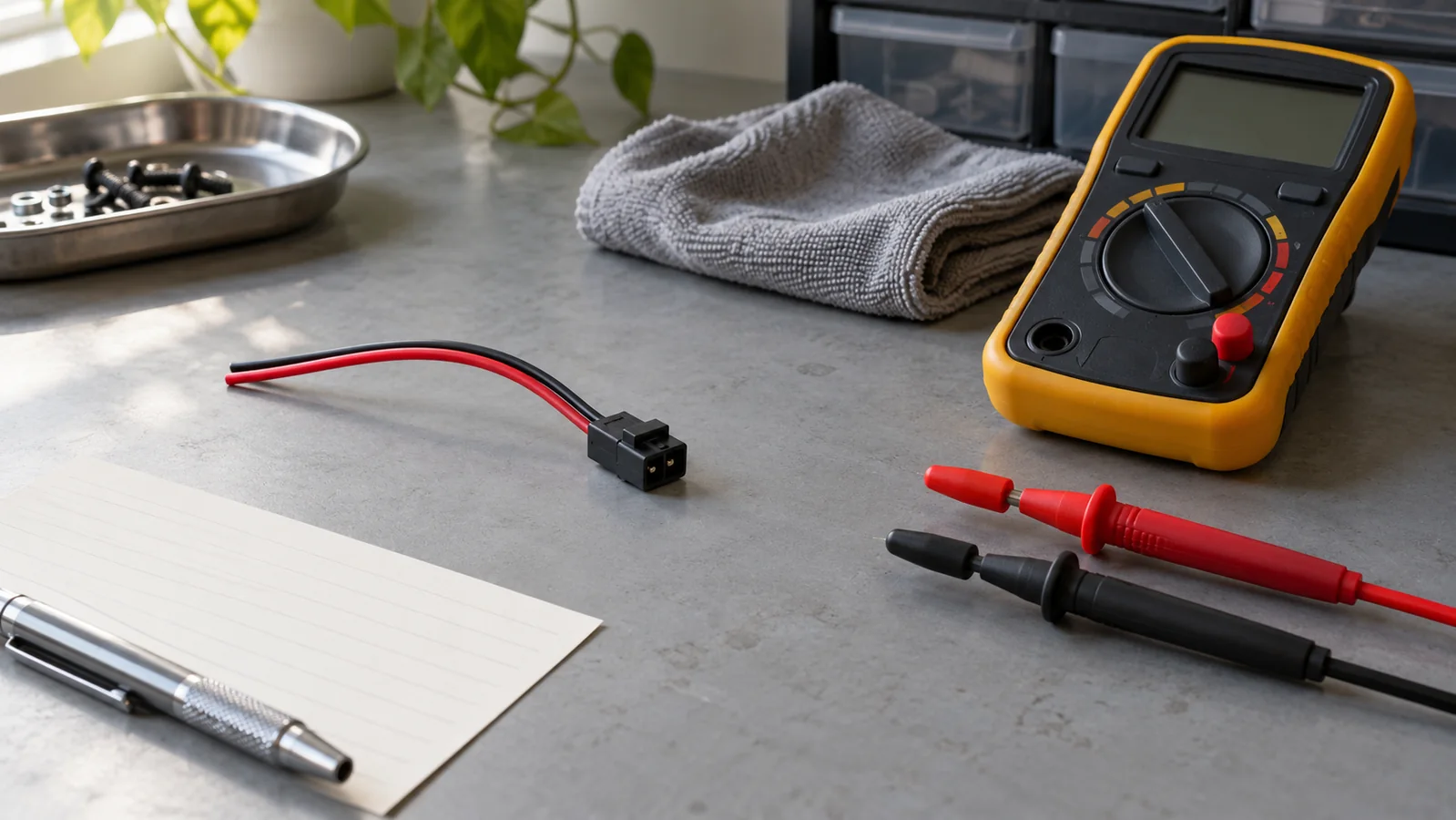Conceptual disconnected wiring pigtail beside an idle multimeter with capped probes and blank record card