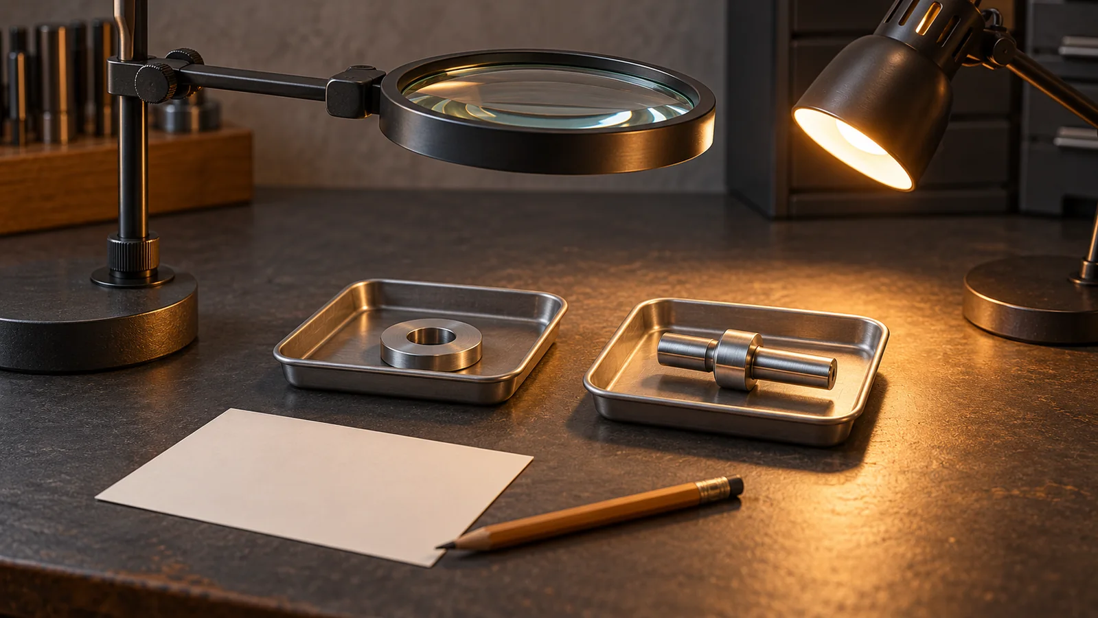Conceptual magnifying lens and side lamp above a washer and shaft in separate trays beside a blank observation card