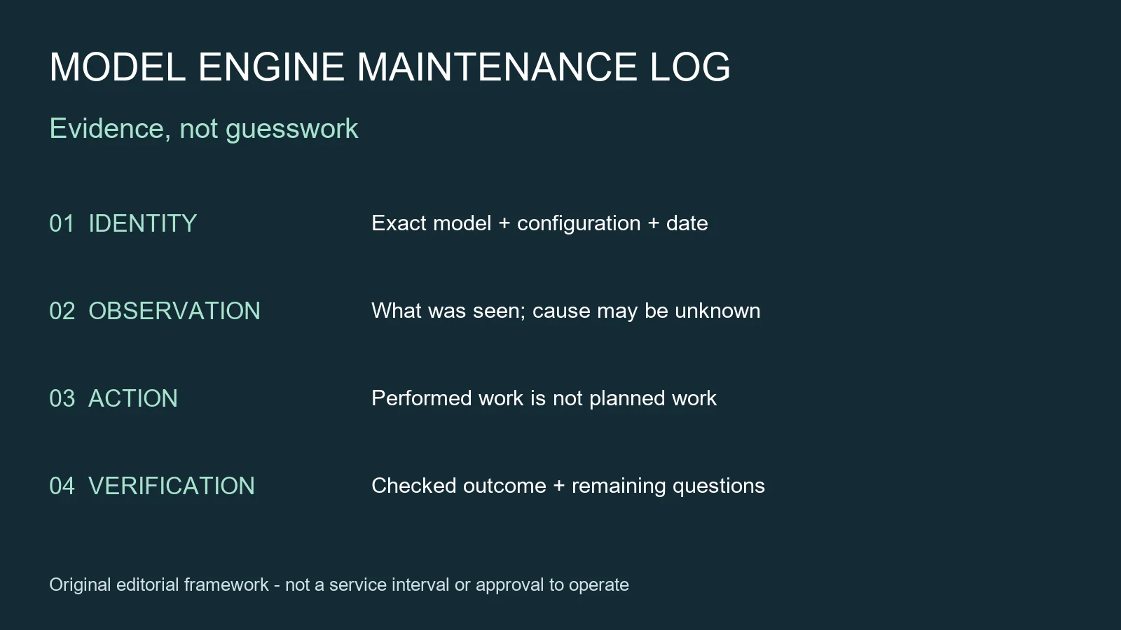 Original model engine log diagram separating identity observation action and verification